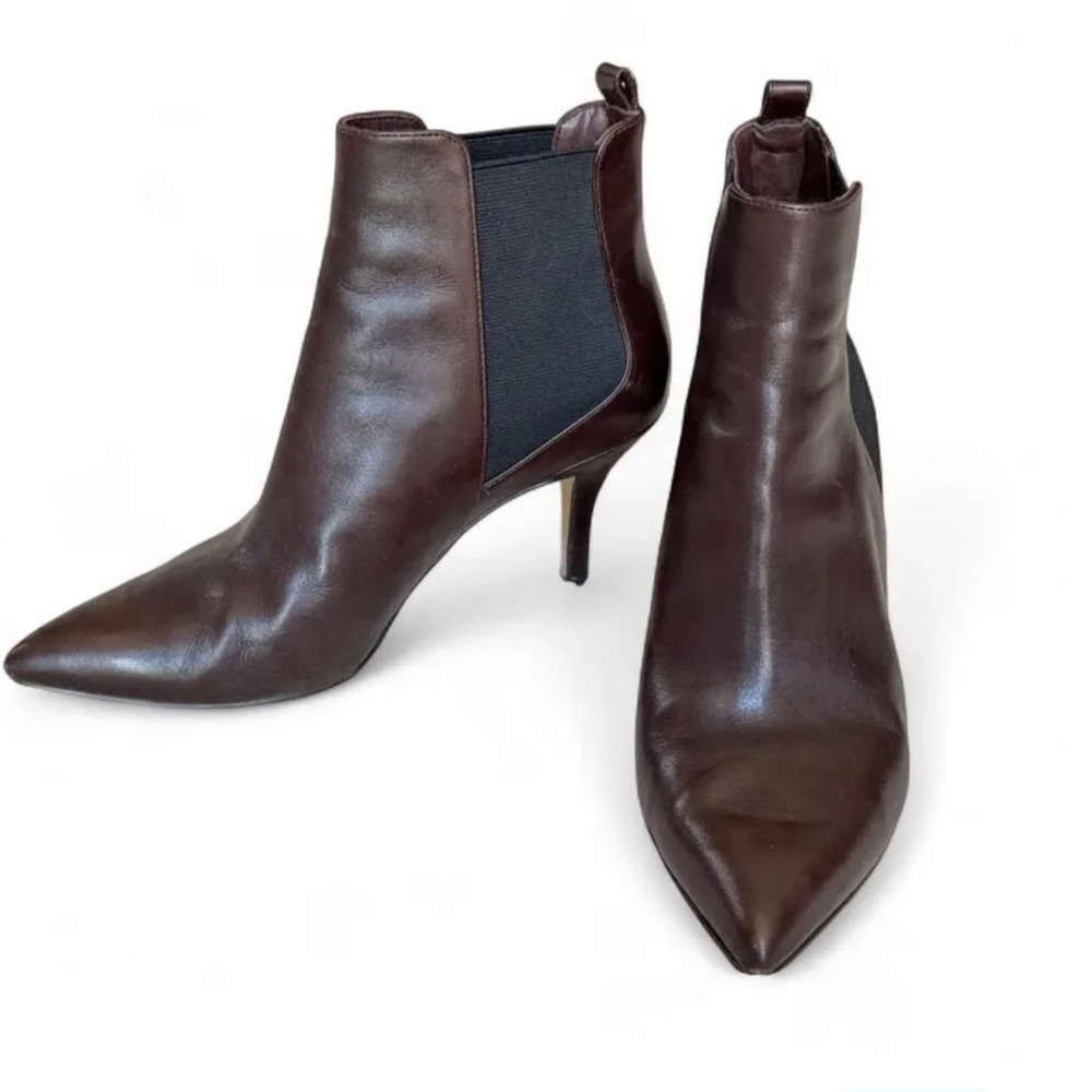 Michael Kors Brown Leather Pointed Toe Kitten Heel Ankle Chelsea Boots
